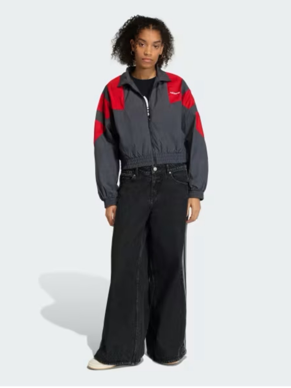 Adidas Cropped Windbreaker Zip Up Jacket in Grey Black & Red - Picture 2 of 4